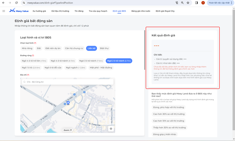 Pop up thông báo chưa đủ có dữ liệu để định giá