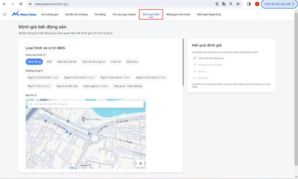 Tính năng định giá bất động sản